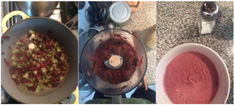 From pan to cuisinart to bowl, this beet stem hummus changed colors from ruby red to light pink!  